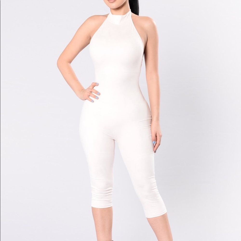 Nude halter top, open back jumpsuit romper